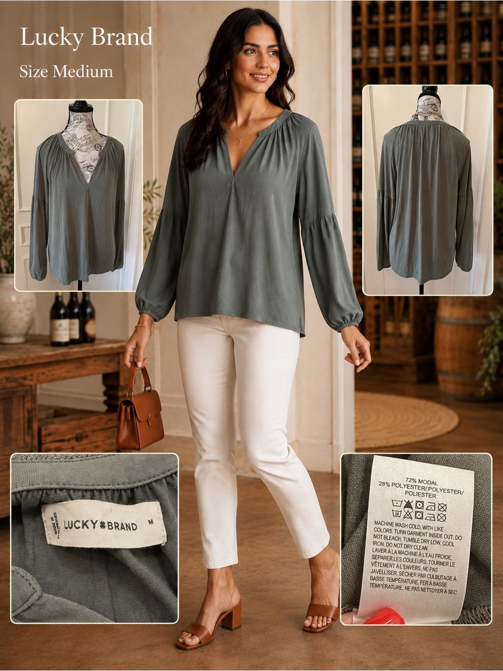 Lucky Brand Olive Gray Modal Peasant Blouse Long Sleeve Medium - Picture 2 of 10